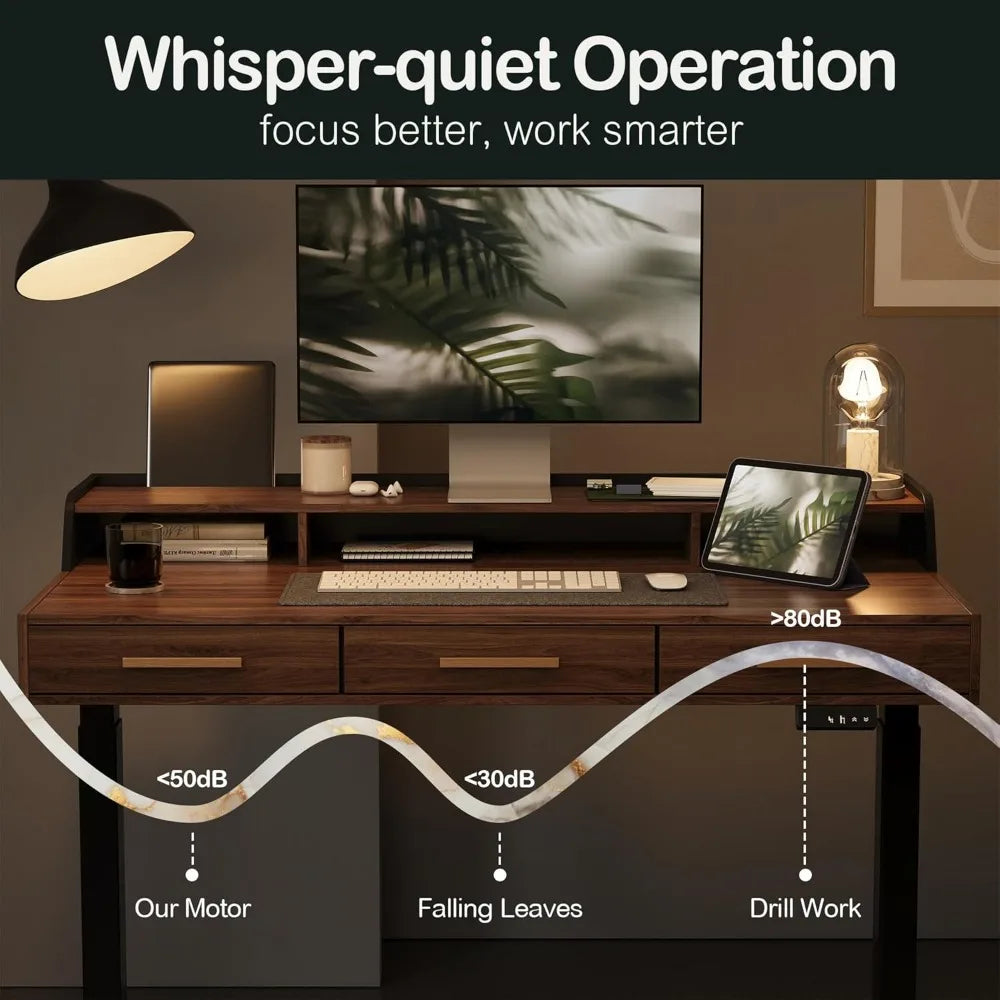 Height Adjustable Standing Desk with 3 Drawers and Monitor Shelf