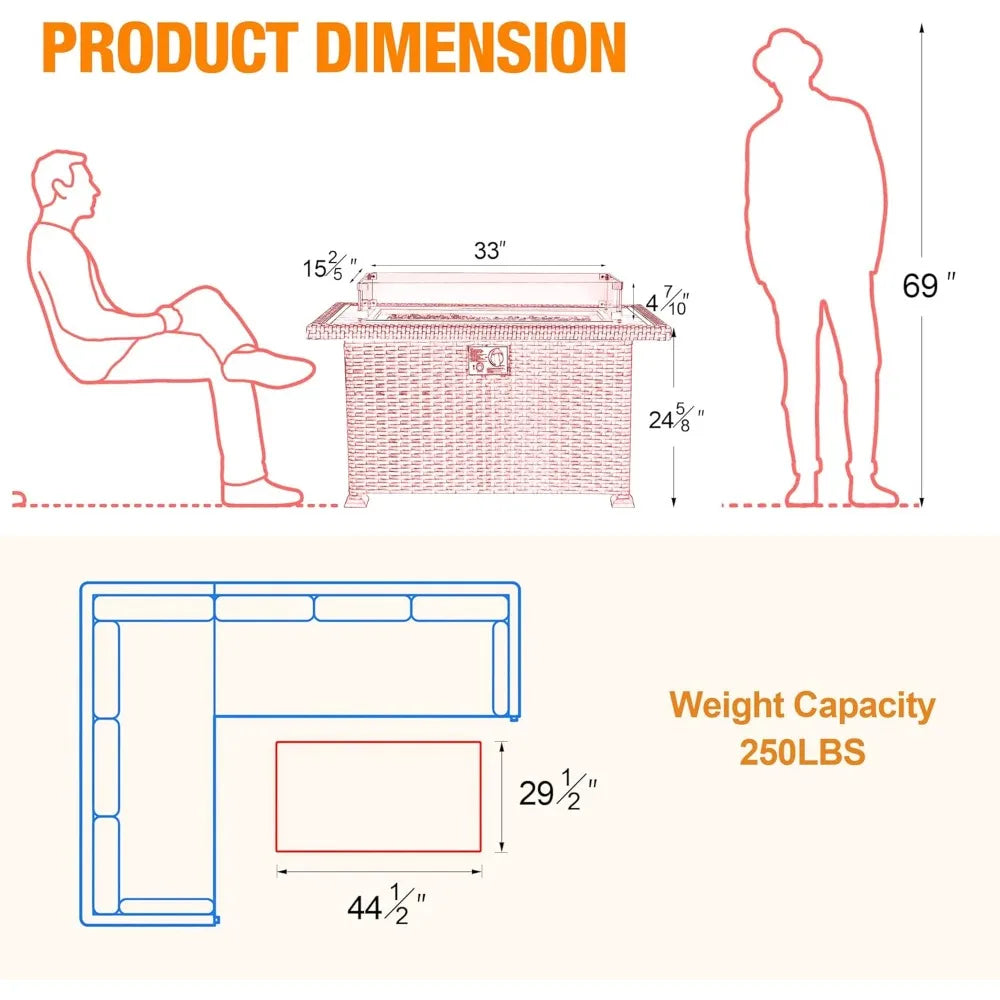 Propane Fire Pit Table 44 Inch 50000 BTU Auto Ignition Rectangular Outdoor