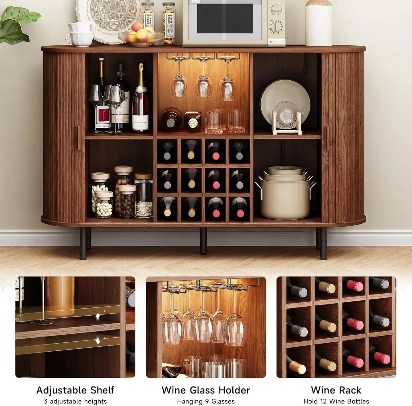 Limited Stock 55 Inch Wine Bar Cabinet with LED Light Modern Storage
