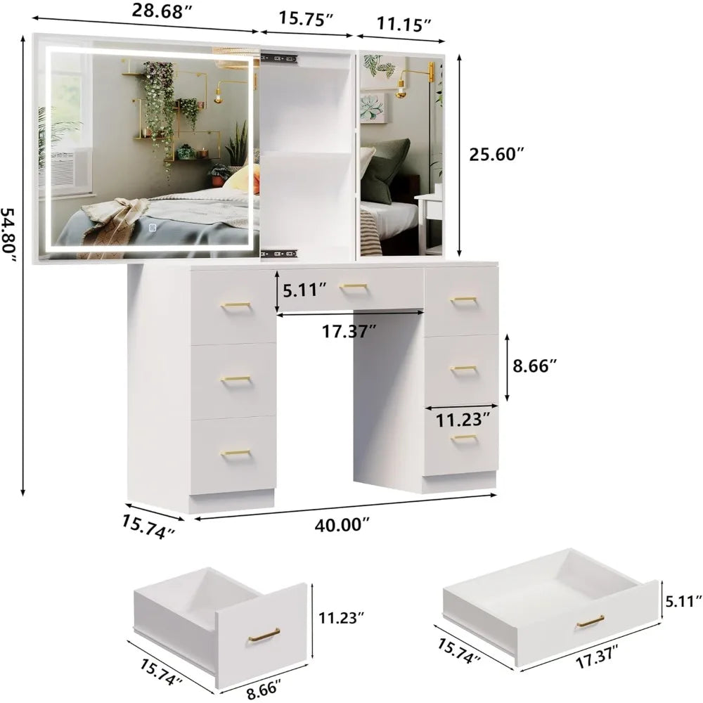 Modern Vanity Desk with Lighted Mirror Charging Station Makeup Table