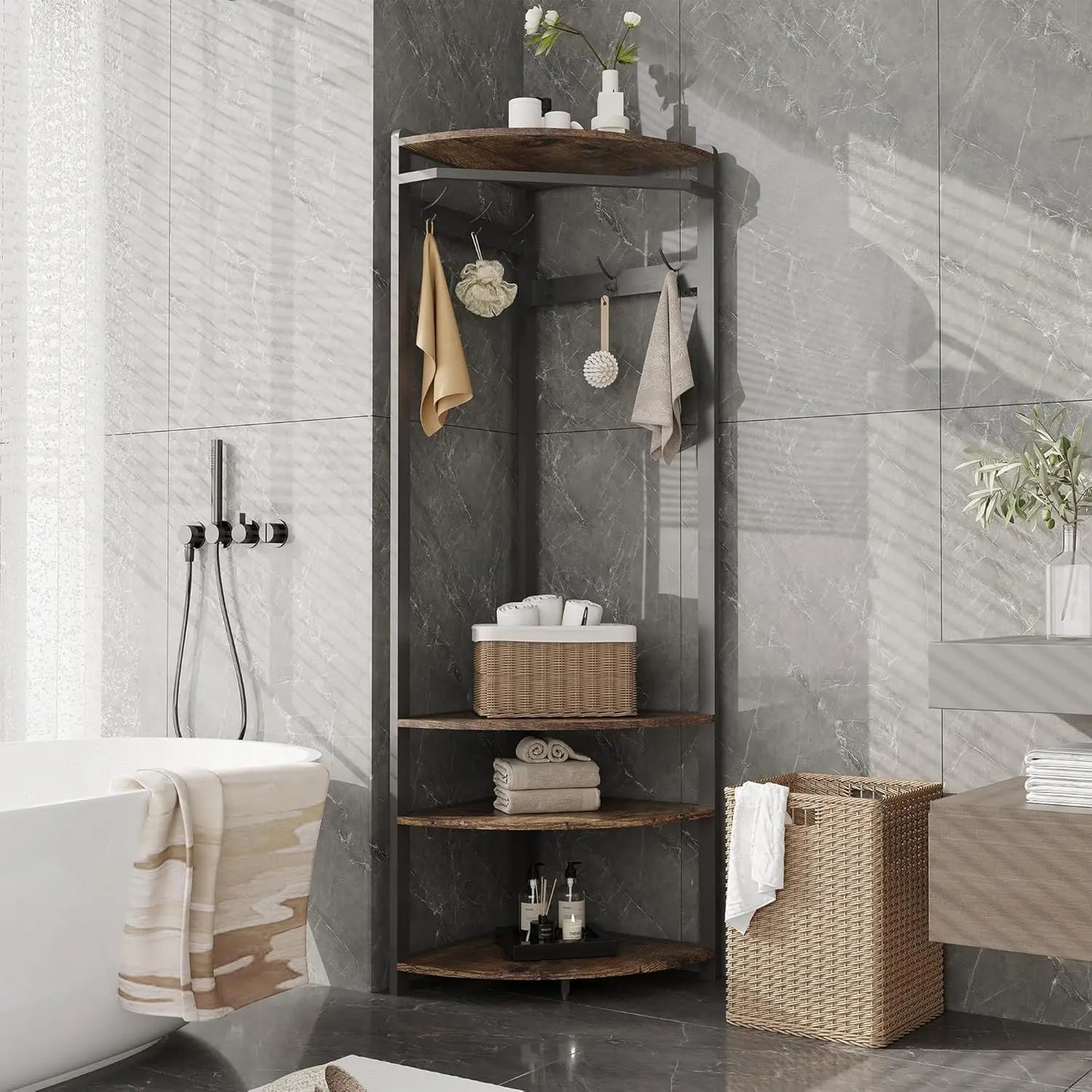 Corner Coat Rack Hall Tree with 6 Hooks 3 Shelves Entryway Storage