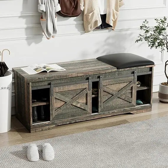Modern Shoe Bench Storage Cabinet with Sliding Barn Door for Entryway
