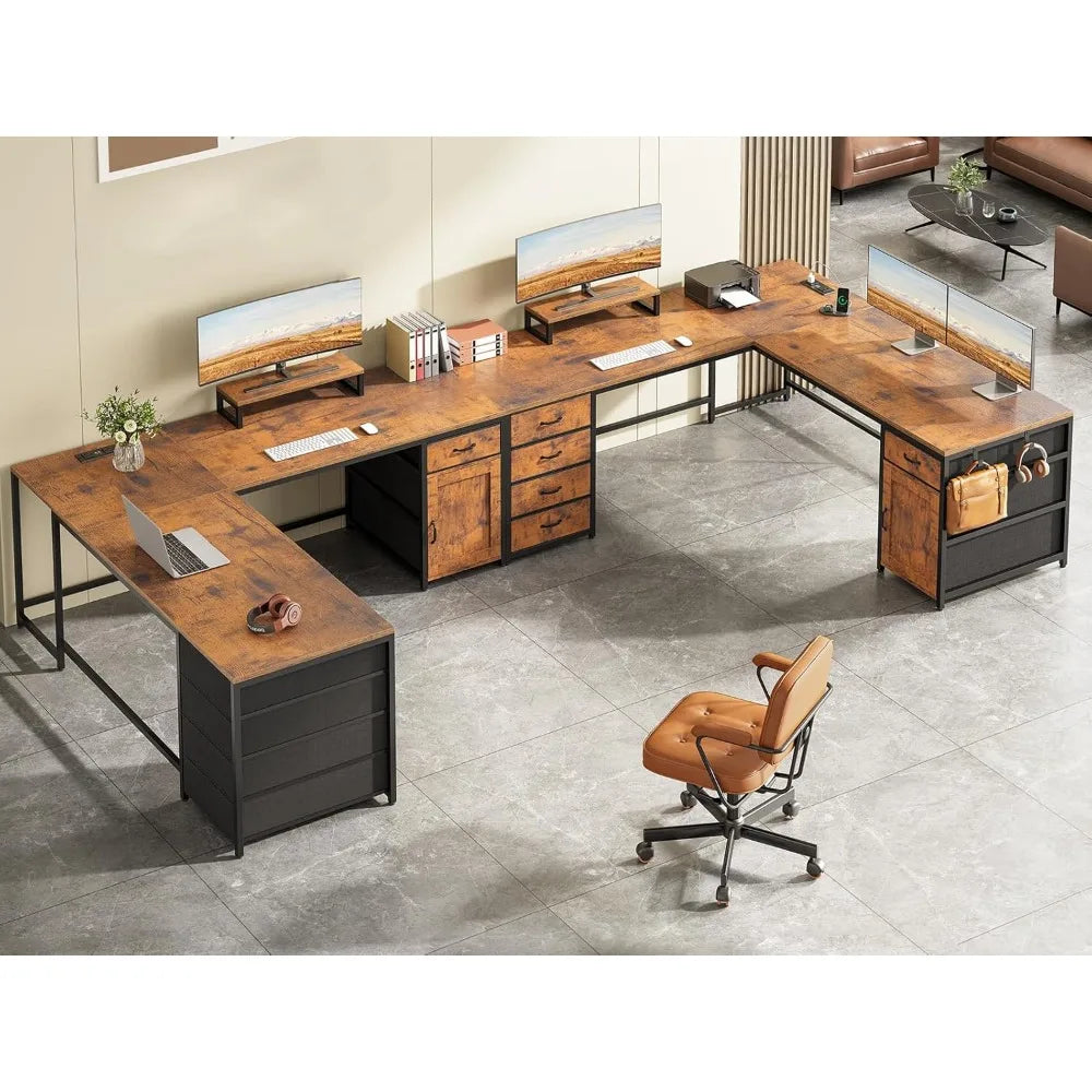 L Shaped Desk 63 Inch Computer Desk with 5 Drawers and Power Outlet