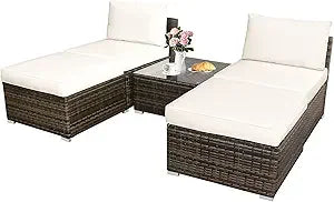 5 Piece Wicker Lounge Chair Set with Glass Coffee Table Outdoor Furniture