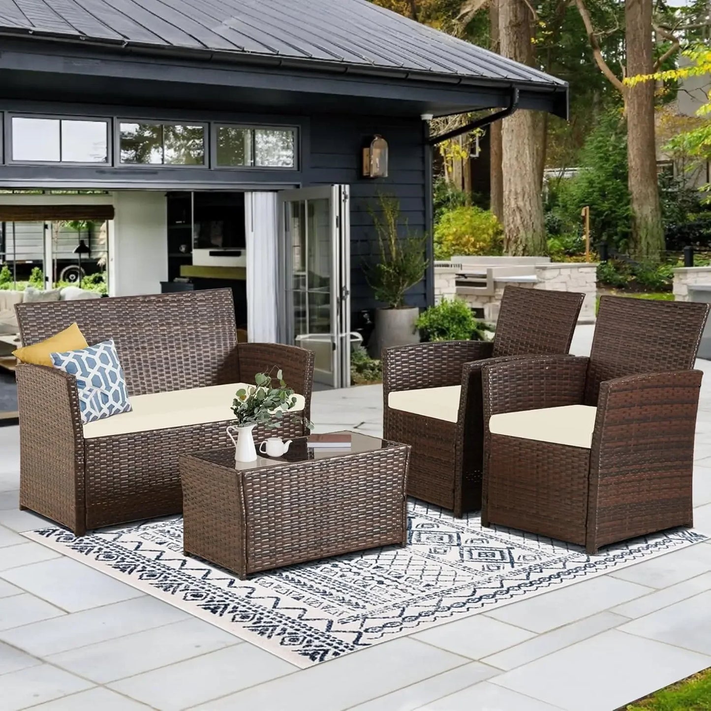 Ljustra 4-Piece Patio Furniture Set Wicker Rattan Sofa Coffee Table