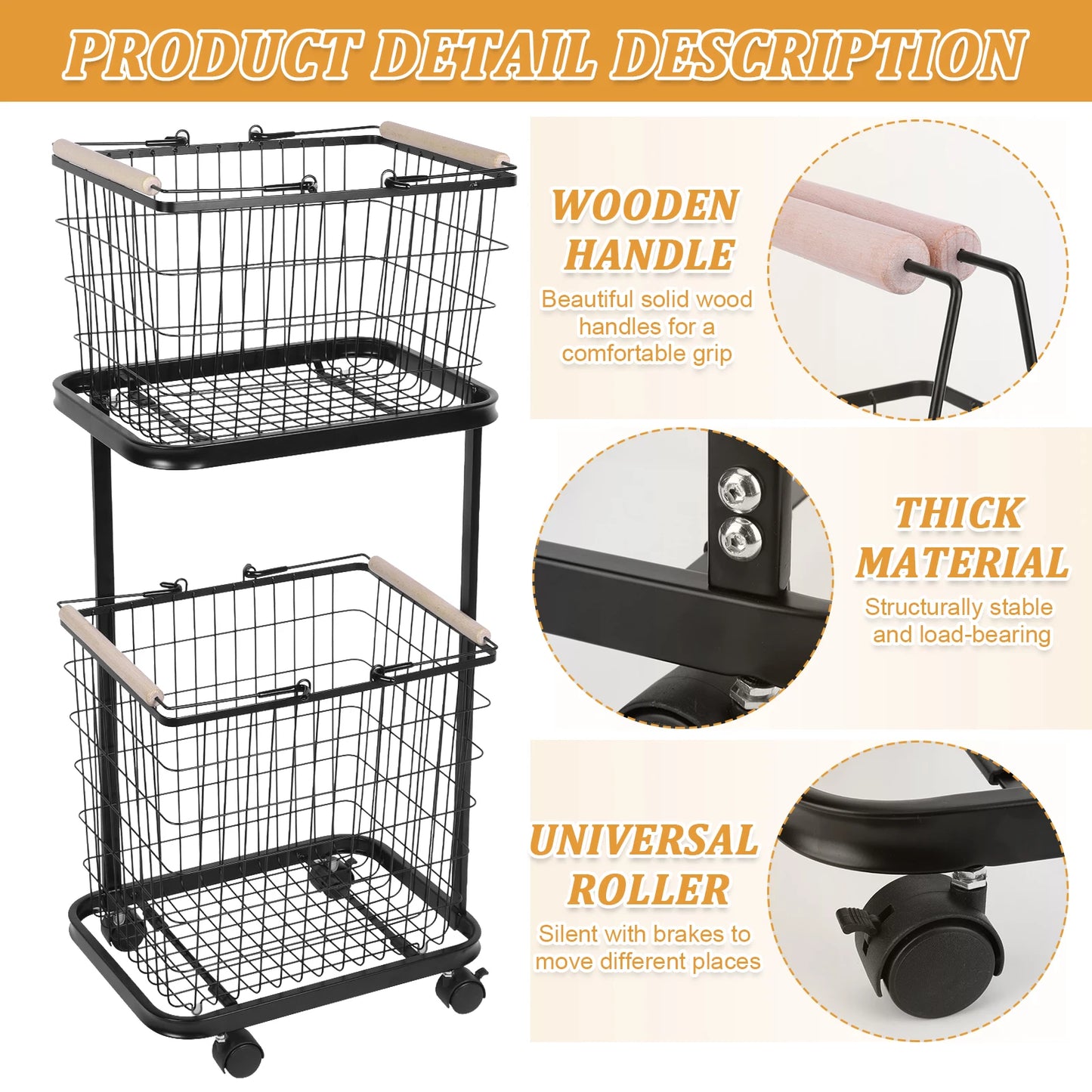 2 Tier Rolling Laundry Basket with Wheels Metal Storage Cart Hamper