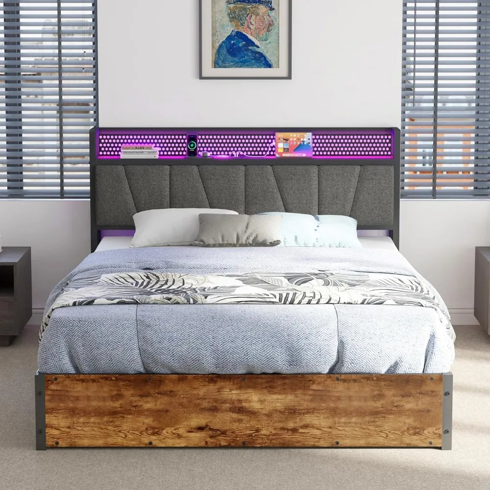 Ljustra Queen Size Lift Up Bed Frame with LED Light Storage Headboard