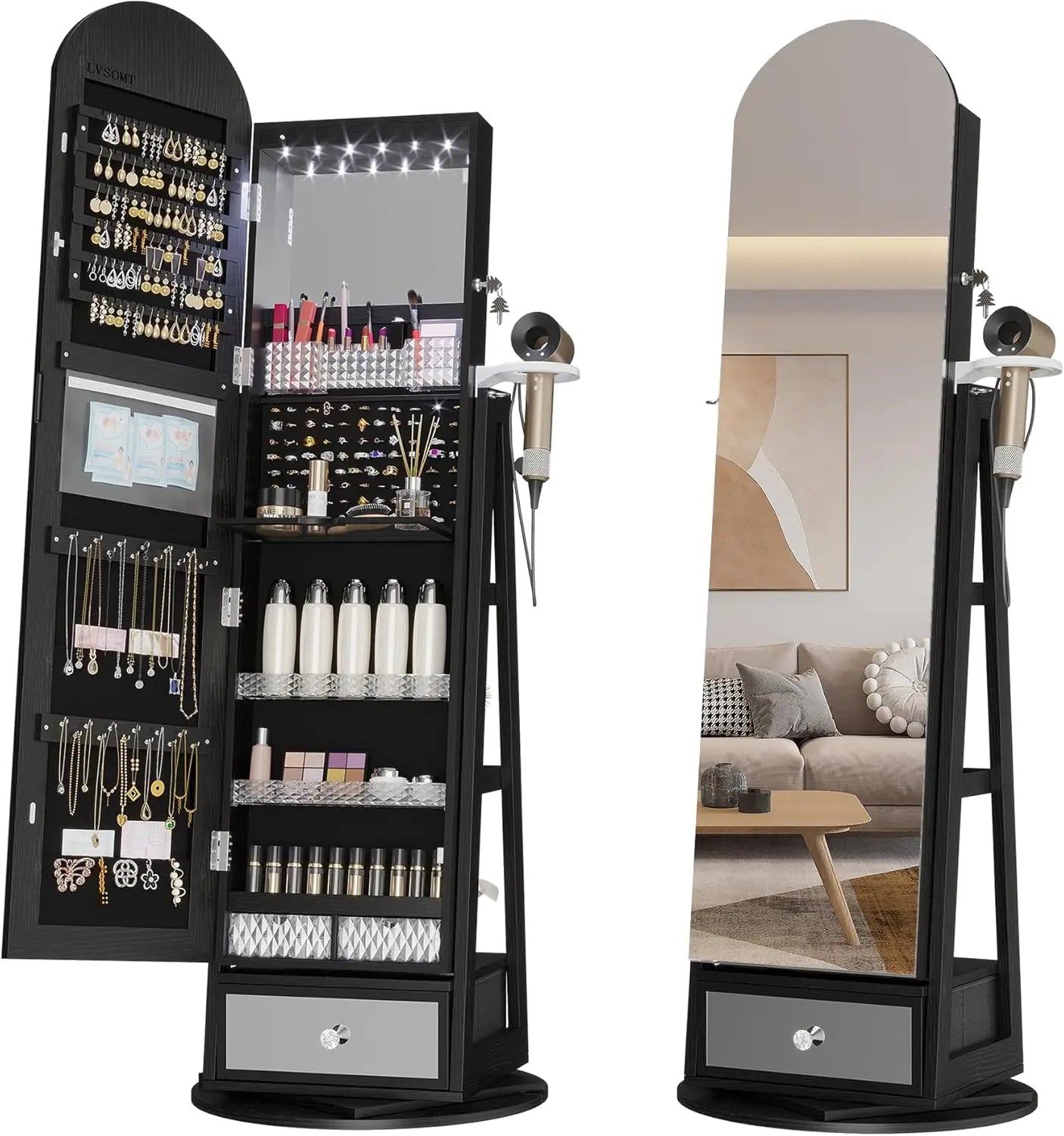 LED Mirror Jewelry Cabinet Lockable Standing Armoire with Adjustable Lights
