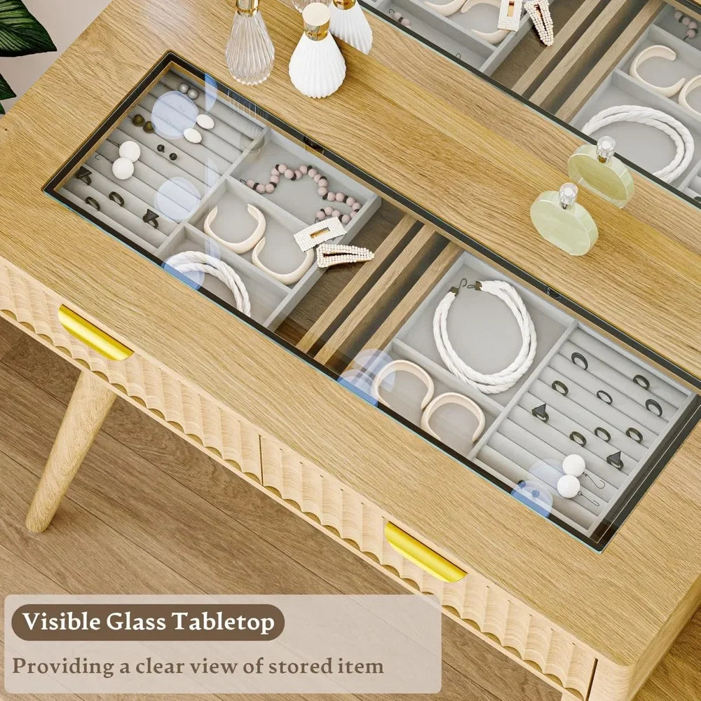 Fluted Vanity Desk with Mirror Lights 5 Drawers Power Outlet Storage