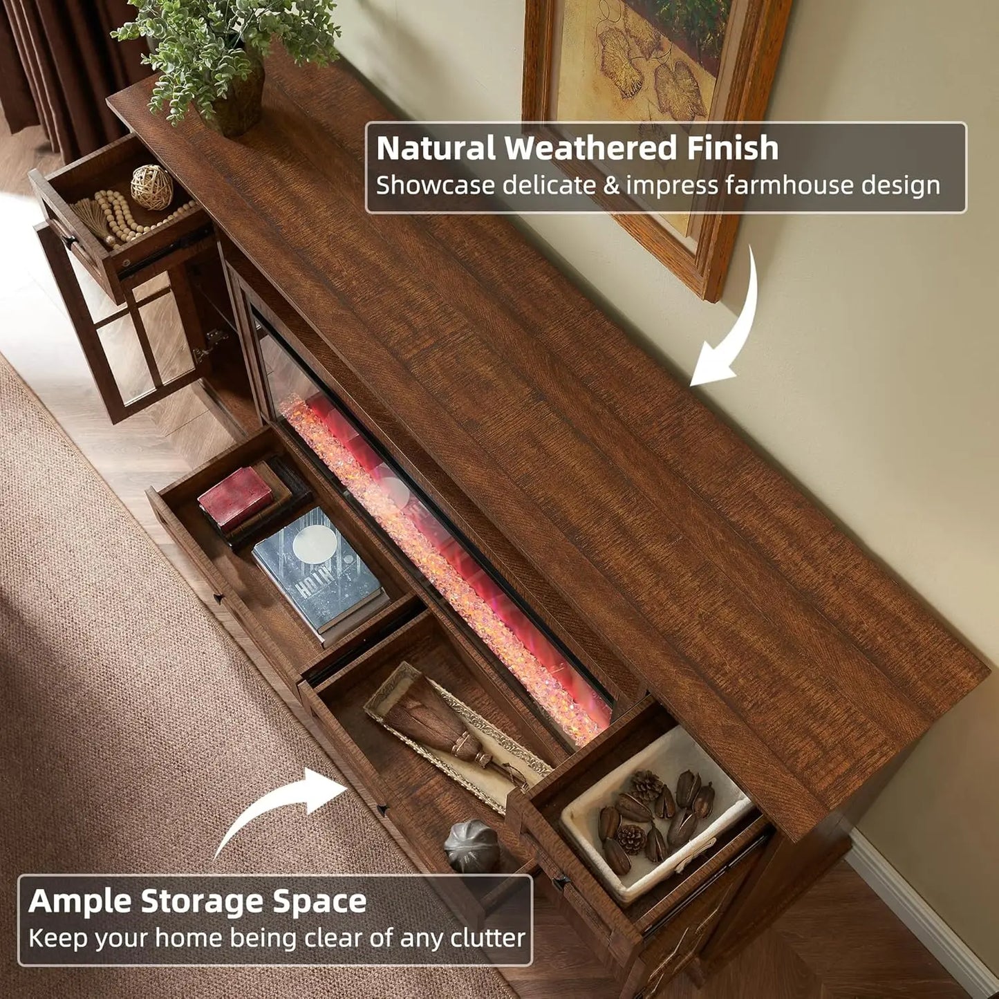 Fireplace TV Stand for 80 Inch TV Farmhouse Entertainment Center LED Lights