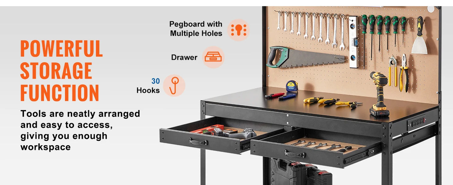 Ljustra 220lbs Workbench A3 Steel Garage Work Bench with USB Ports Hooks