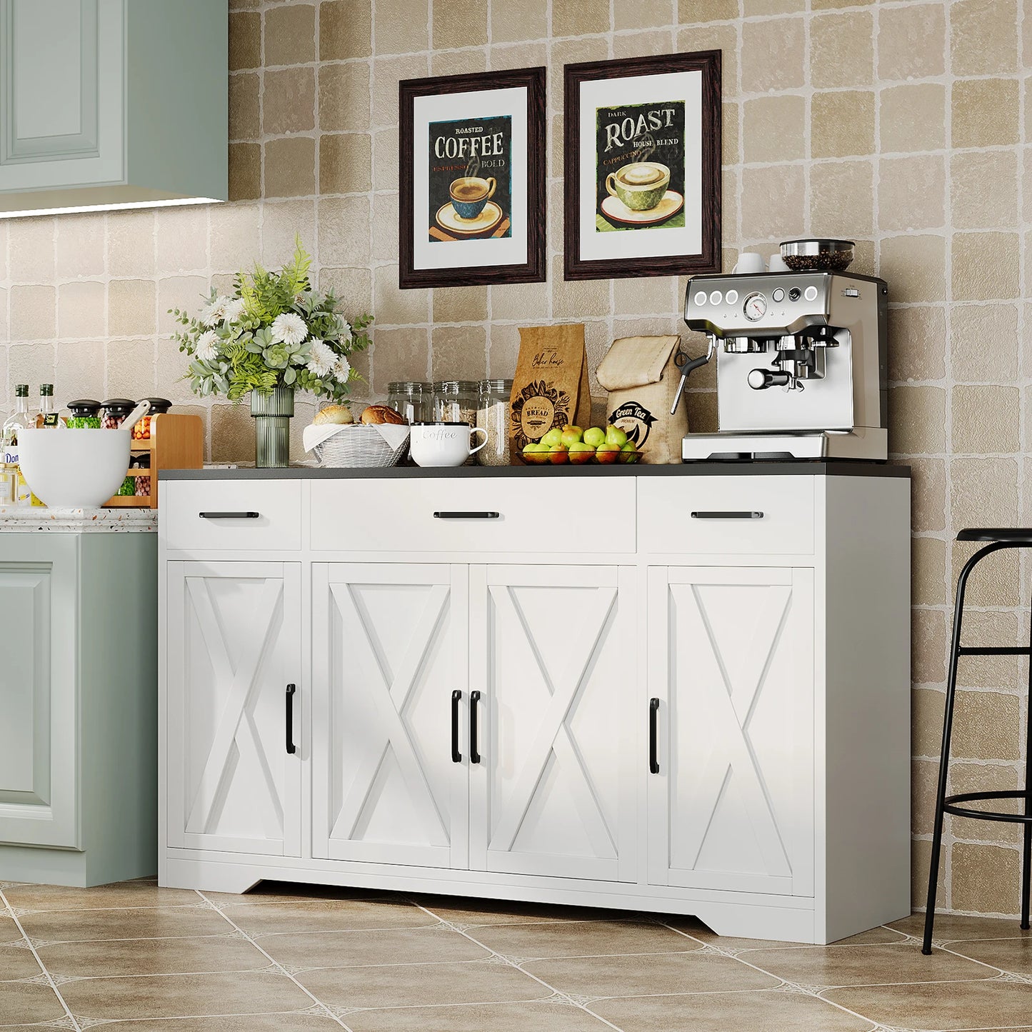 Buffet Cabinet with Storage 55 Inch Sideboard with 3 Drawers 4 Doors