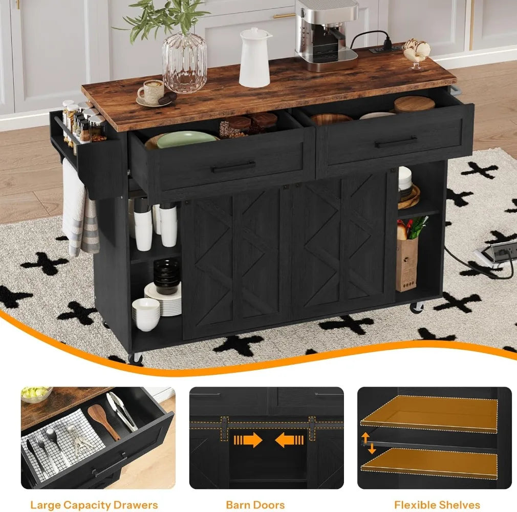 Kitchen Island Cart with Storage Power Outlet Rolling Barn Doors