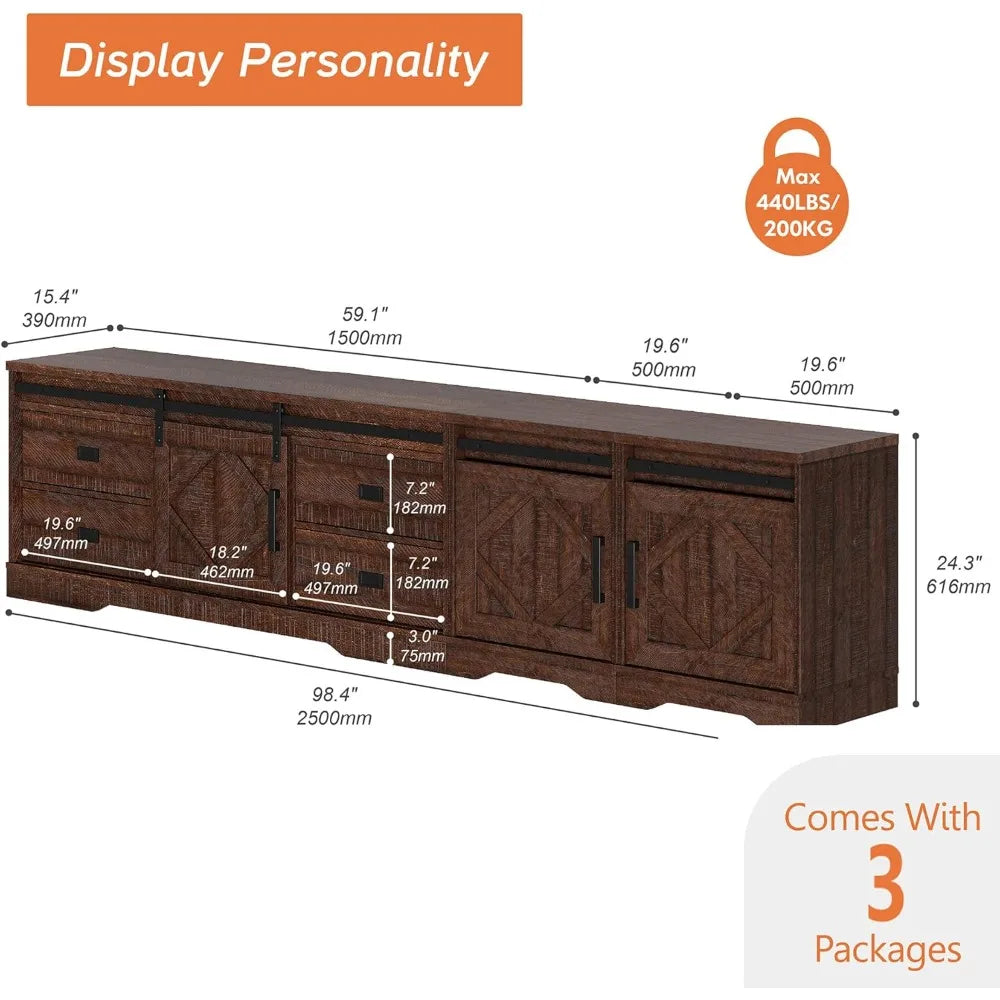 Farmhouse TV Stand for TVs up to 110" with Drawers Adjustable Shelves