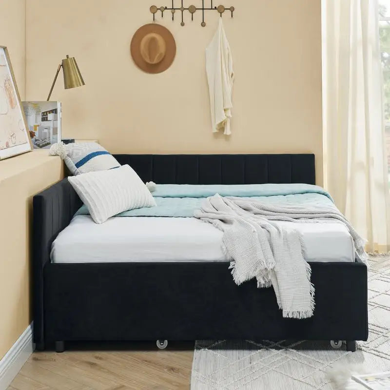 Full Size Tufted Daybed with Trundle Velvet Sofa Bed Frame Black
