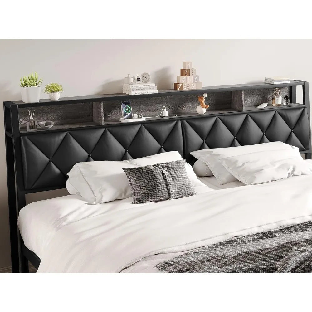 Headboard for Queen Bed with Storage LED Lights Charging Station