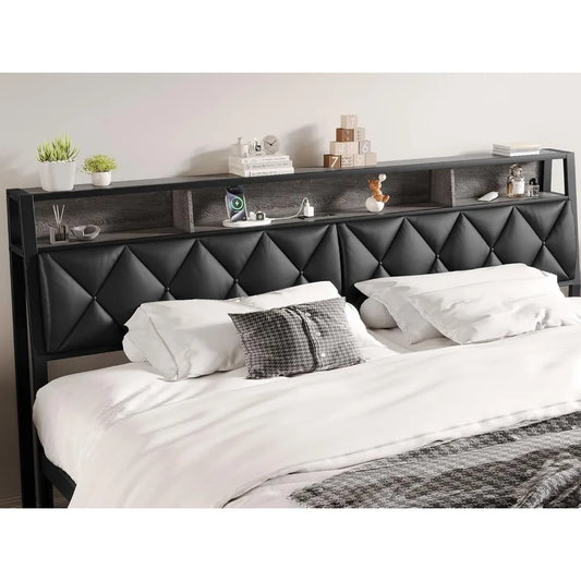 Headboard for Queen Bed with Storage LED Lights Charging Station