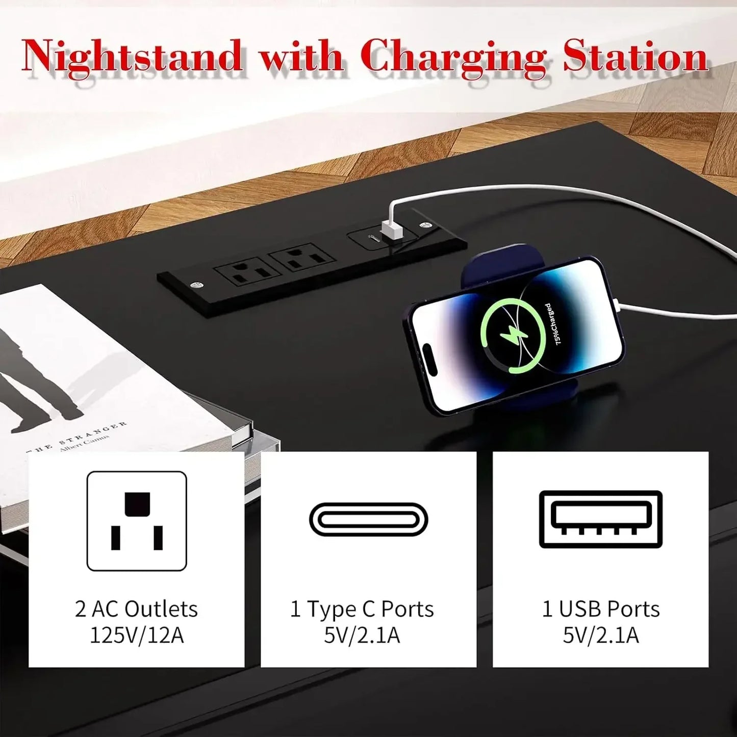 27.6 Inch Nightstand Set of 2 with Charging Station and 3 Drawers