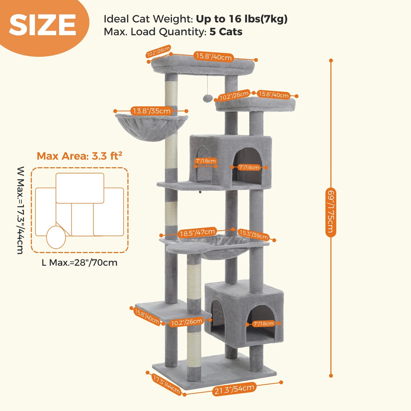 175cm Cat Tree for Large Cats with Hammock Condo Perch Scratching Posts