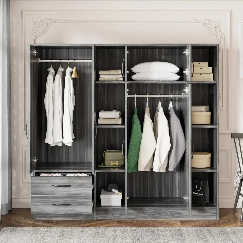 Large Wardrobe Armoire Closet 6 Doors 2 Drawers Freestanding Cabinet