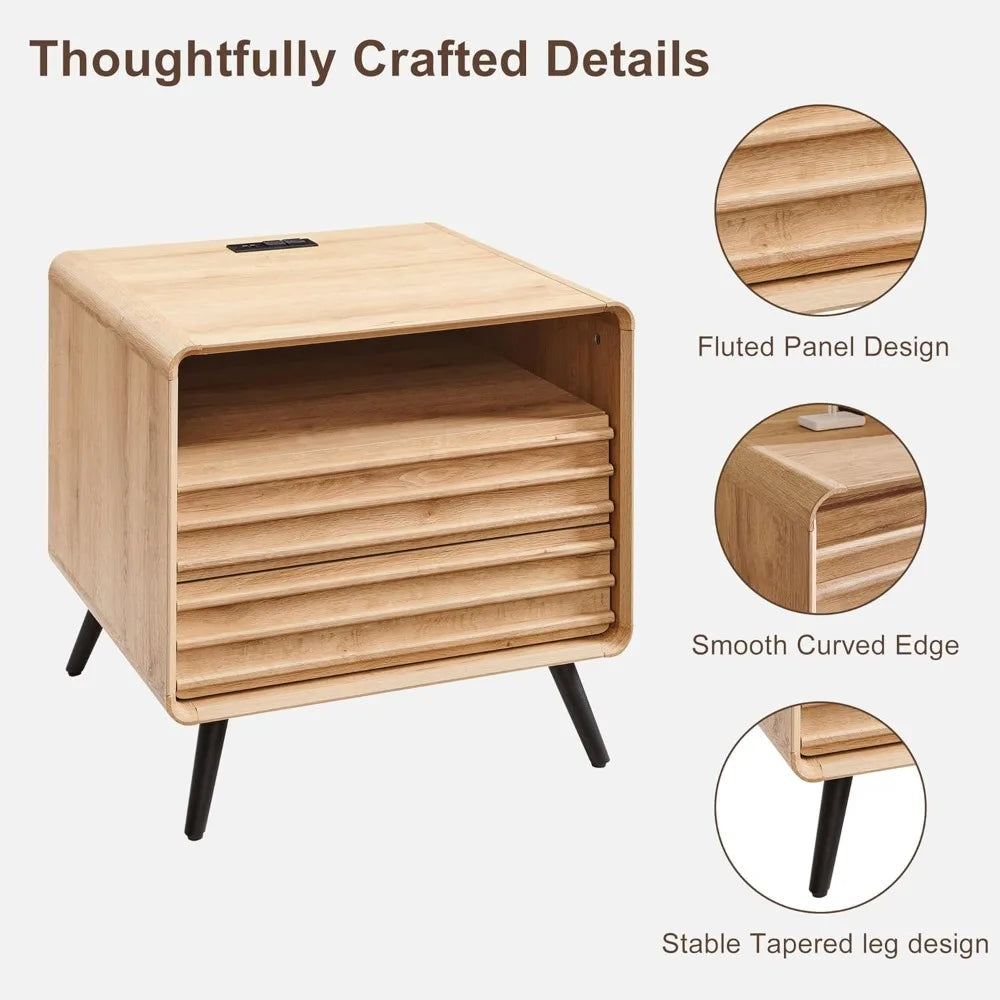 24 Inch Nightstand with Charger Station Mid Century Modern End Table