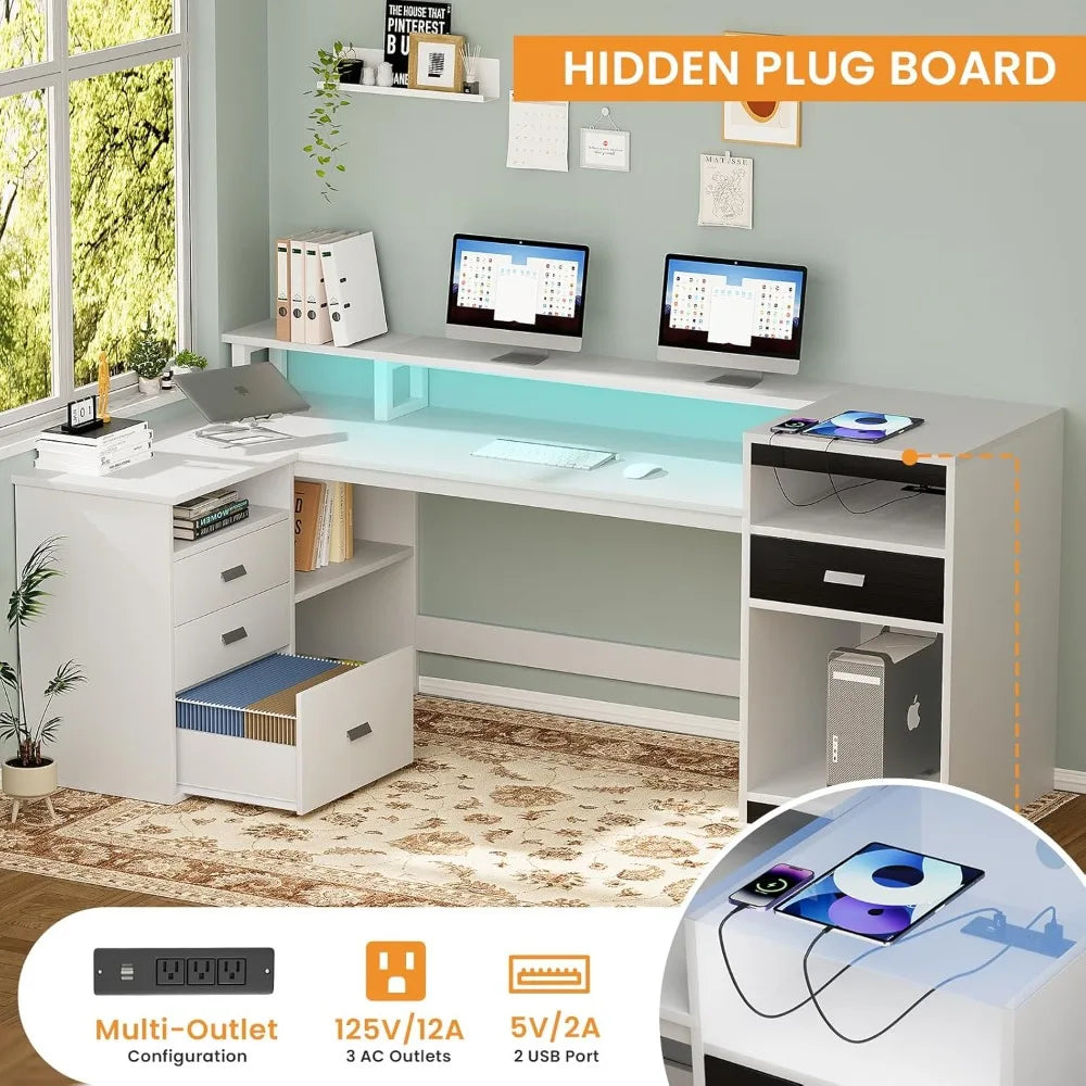 L Shaped White Computer Desk with Drawers Storage Shelves Home Office