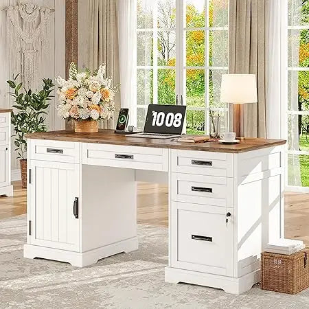 55 Inch Farmhouse Desk with Drawers Charging Station for Home Office