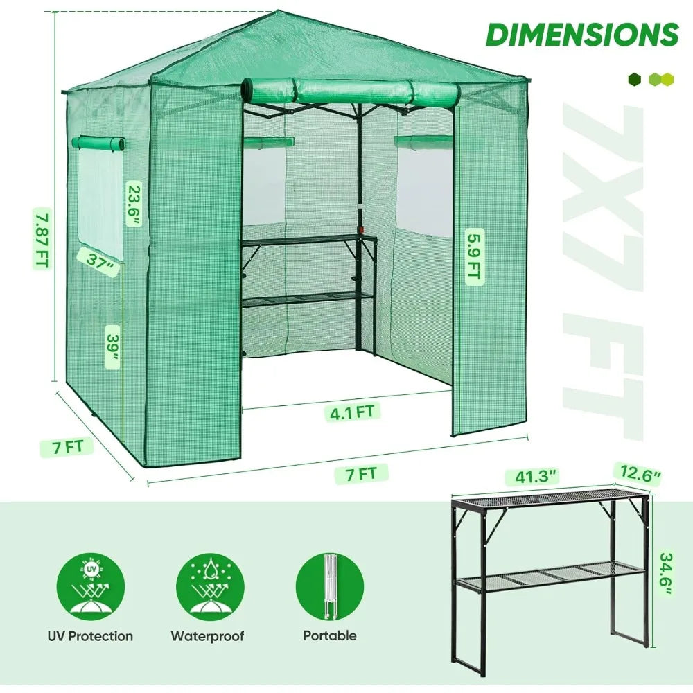 Ljustra 7x7 Portable Greenhouse Walk-in with 2 Shelves Roll-up Door