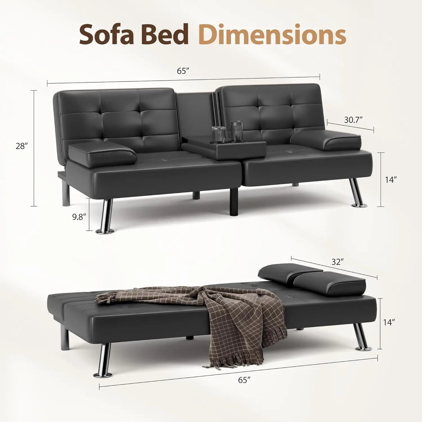 Convertible Futon Sofa Bed Sleeper Couch Loveseat with Armrests