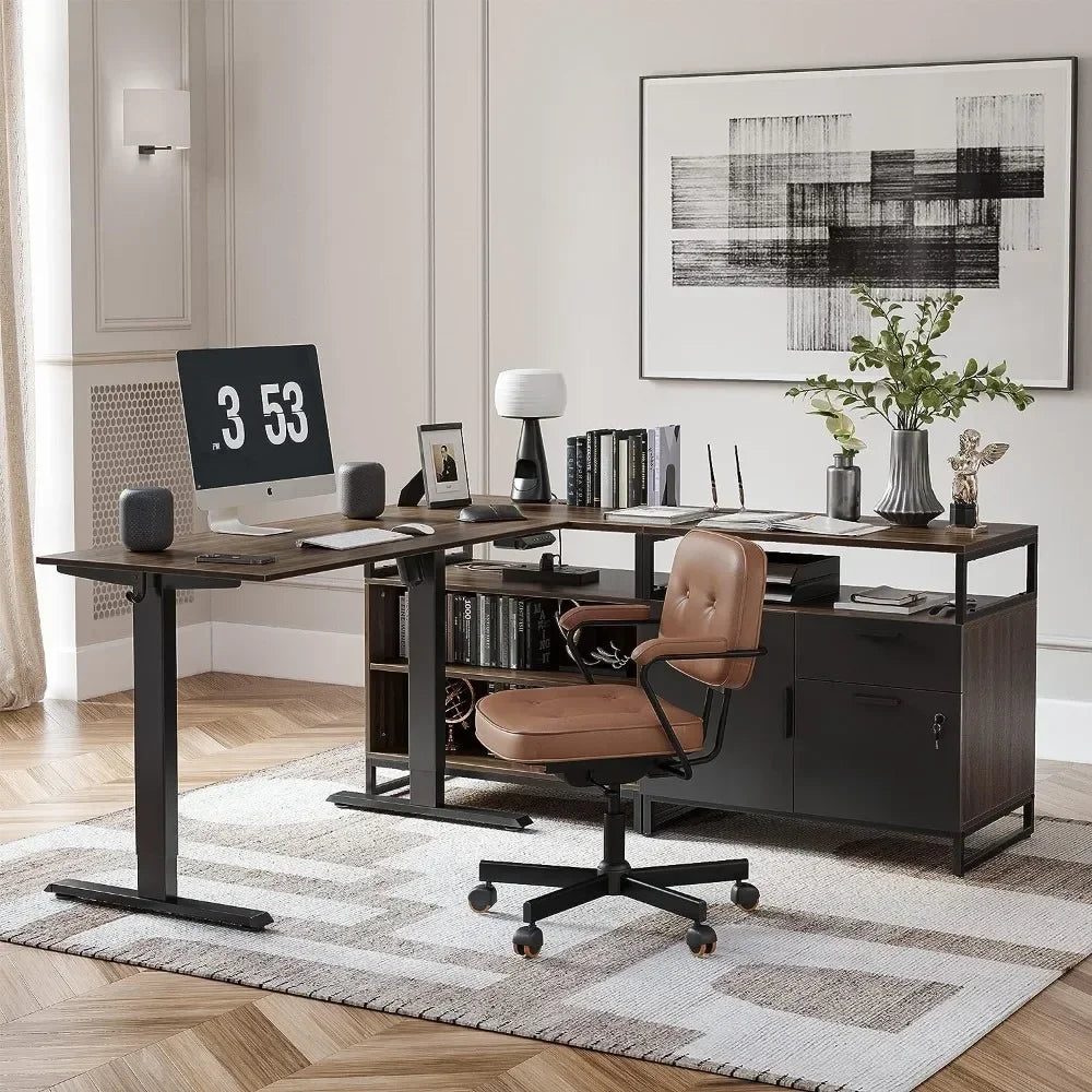 L Shaped Executive Standing Desk Electric Height Adjustable with Cabinet