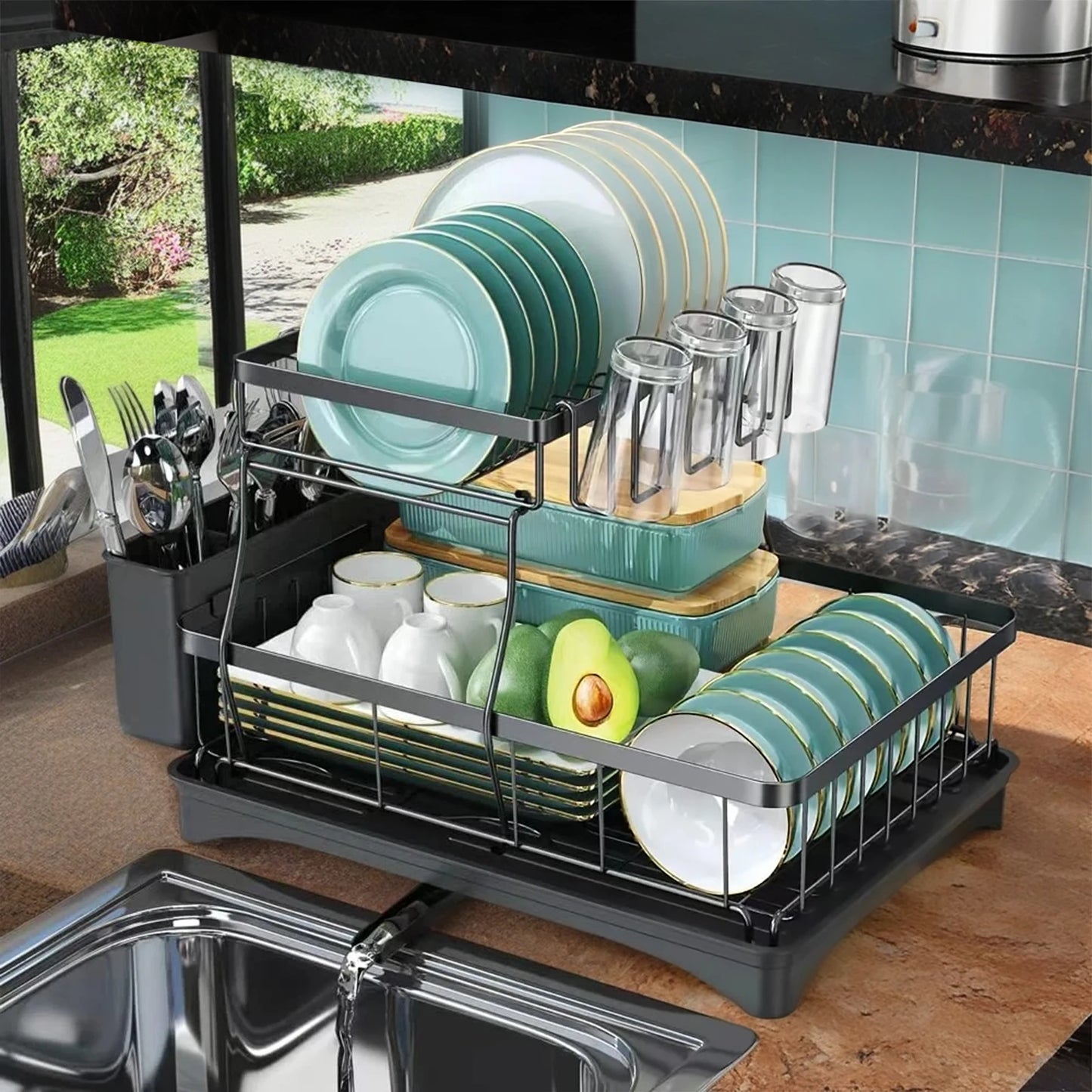 Large 2-Tier Dish Drying Rack Removable Kitchen Countertop Organizer