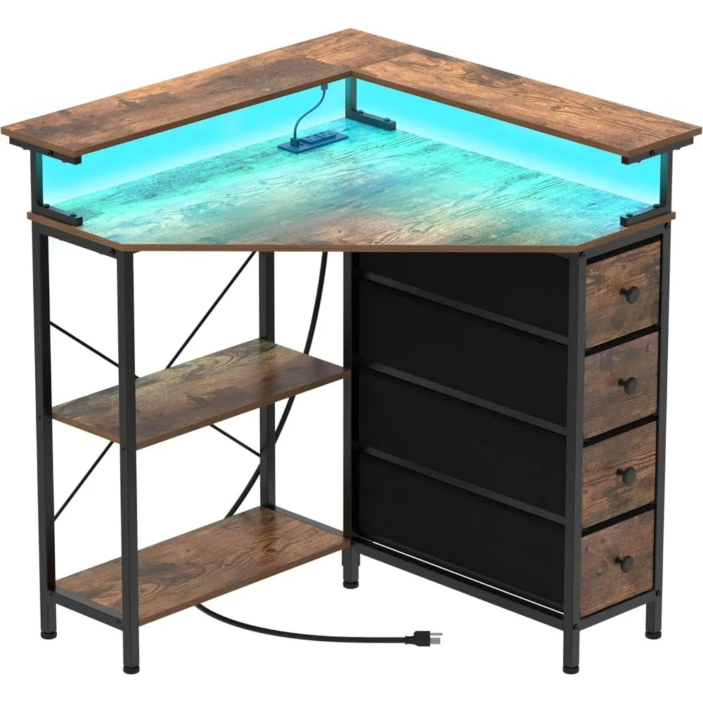Corner Desk with Drawers Shelves Triangle Computer Desk LED Light