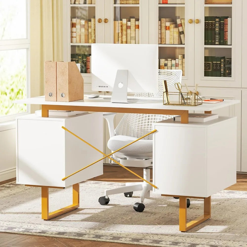 Modern Home Office Desk with Storage Drawers Floating Top Golden Frame