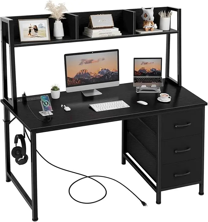 Modern White Computer Desk with Hutch Storage and Power Outlets