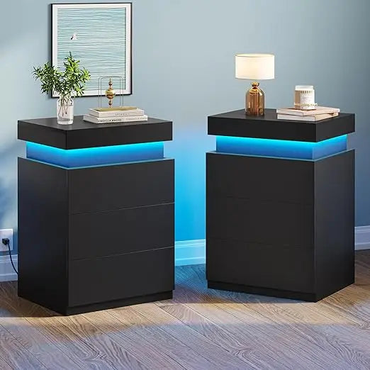 LED Nightstands Set of 2 with Charging Station and Sliding Top