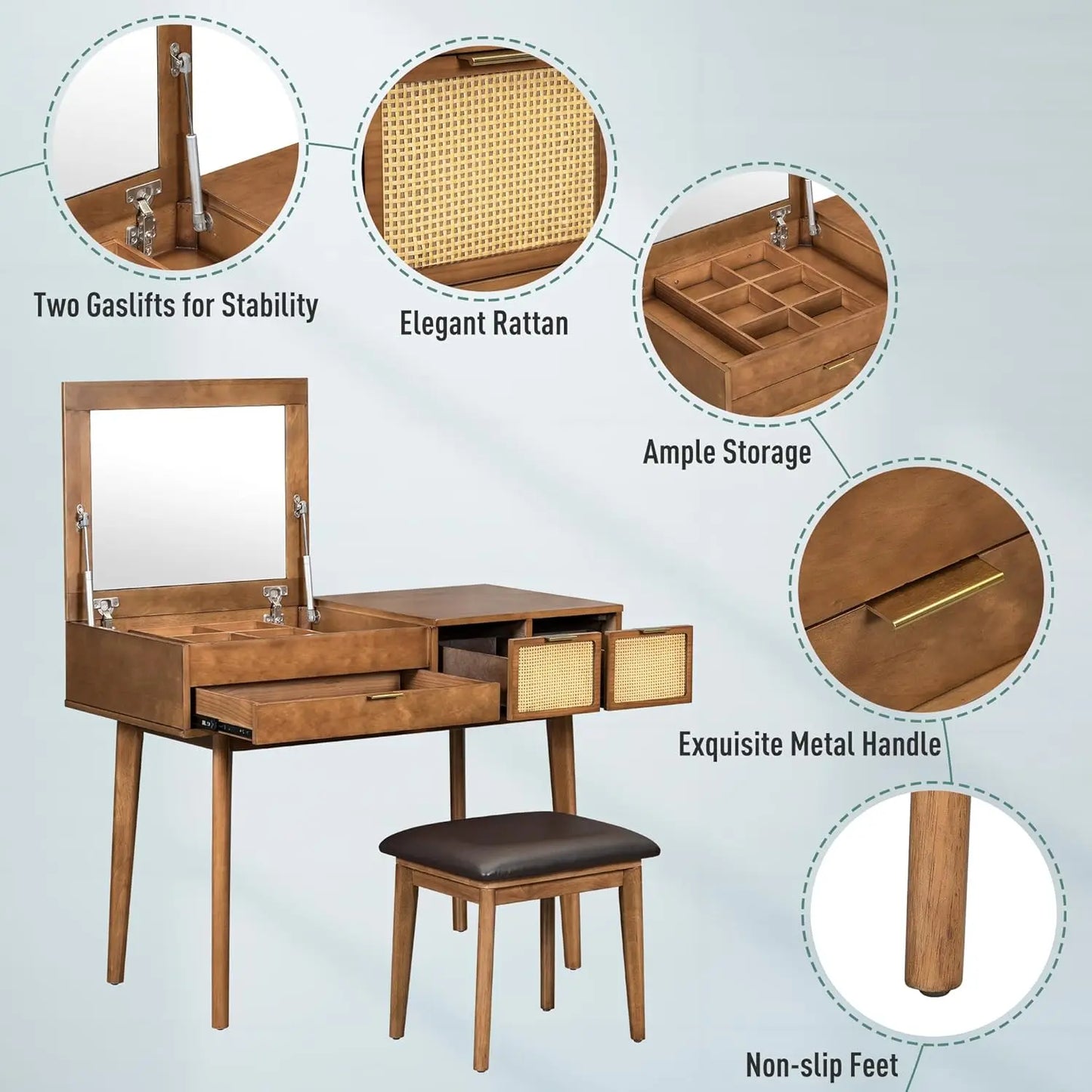 Classic Wood Makeup Vanity Desk Set with Flip-top Mirror and Stool
