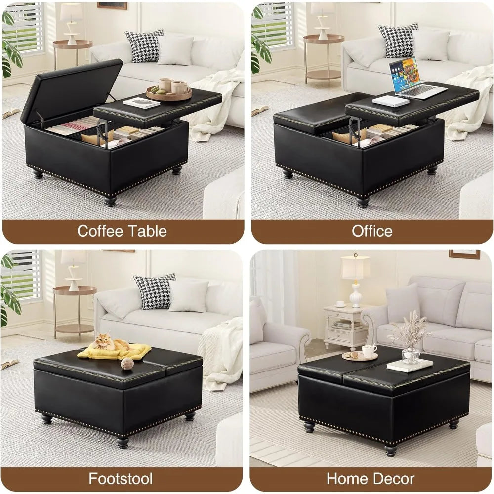Square Storage Ottoman Faux Leather Lift Top Multi-Purpose Living Room