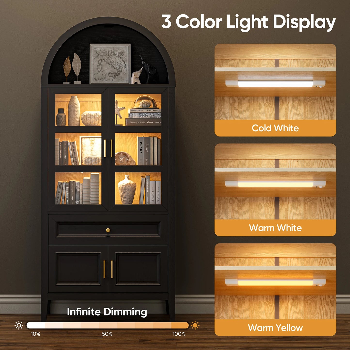 Modern Arched Cabinet with Glass Doors Auto Sensor LED Lights