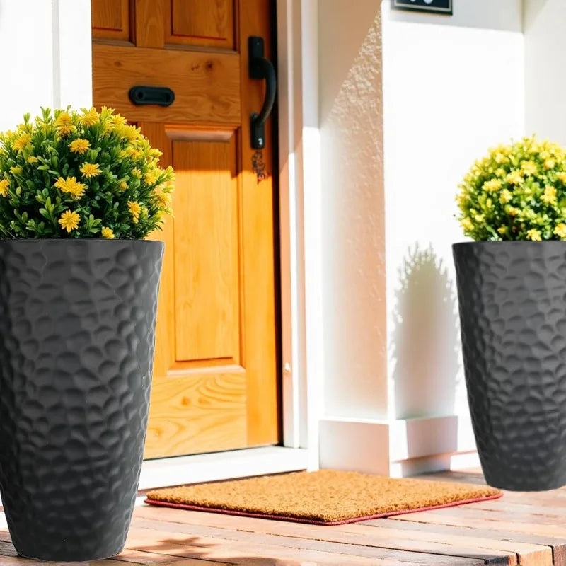 Garden Tall Hammered Texture Planters Set of 2 Matte Black Plastic
