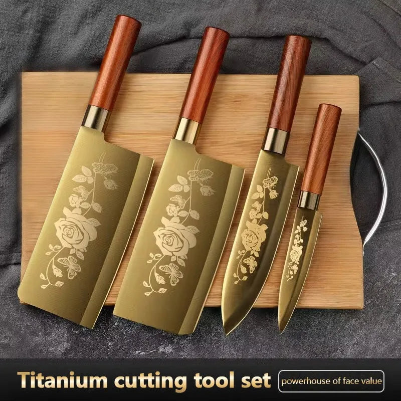4-Piece Titanium-Coated Kitchen Knife Set for Home and Commercial Use