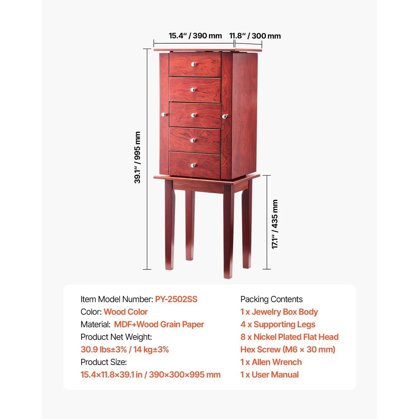 Jewelry Cabinet Armoire Standing Storage Chest with Mirror and Drawers