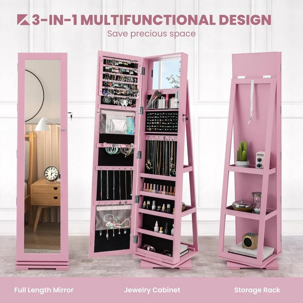 360° Swivel Jewelry Armoire Full Length Mirror Lockable Cabinet Organizer