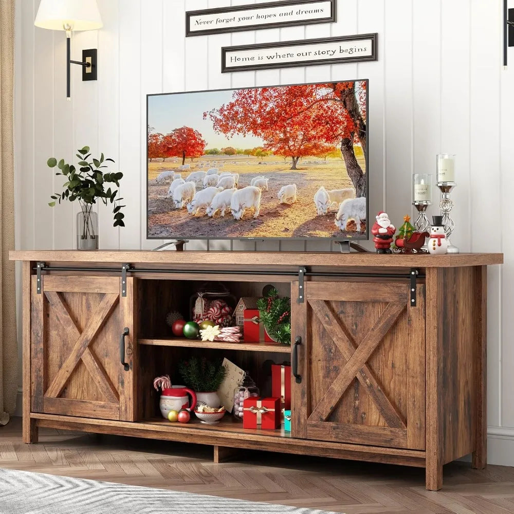 Farmhouse TV Stand for 50-65 Inch TV with Adjustable Shelves and Barn Doors