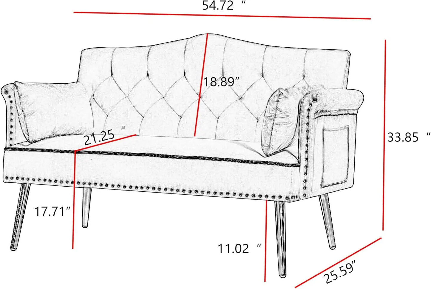 55 Inch Modern Velvet Loveseat Sofa with Gold Legs and Side Pockets