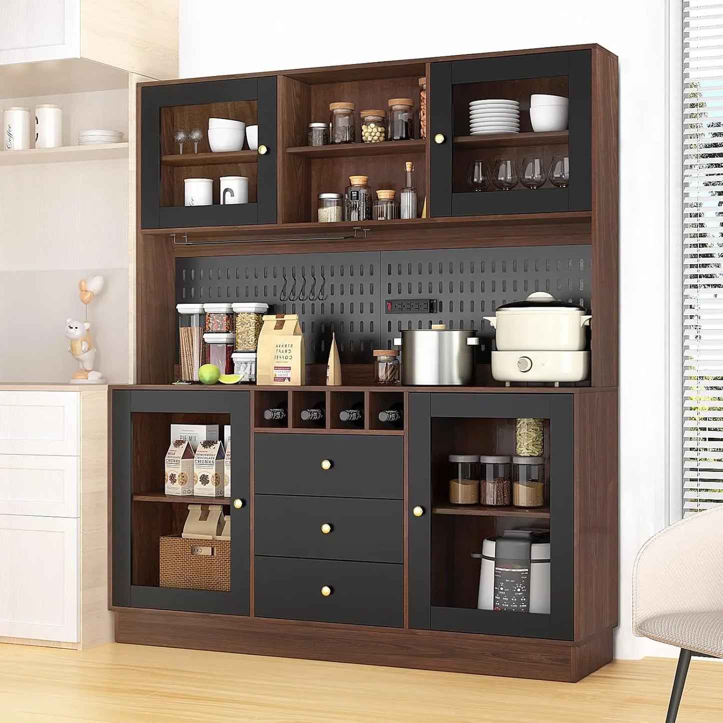Kitchen Hutch Cabinet Freestanding Buffet with Pegboard Cup Holder Outlet