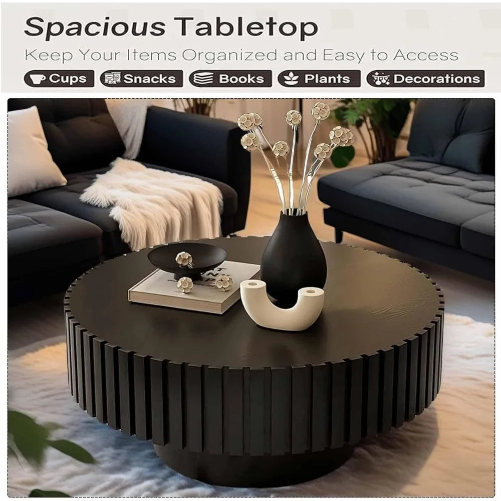 Round Fluted Coffee Table Modern Handcrafted Drum Table Low Profile