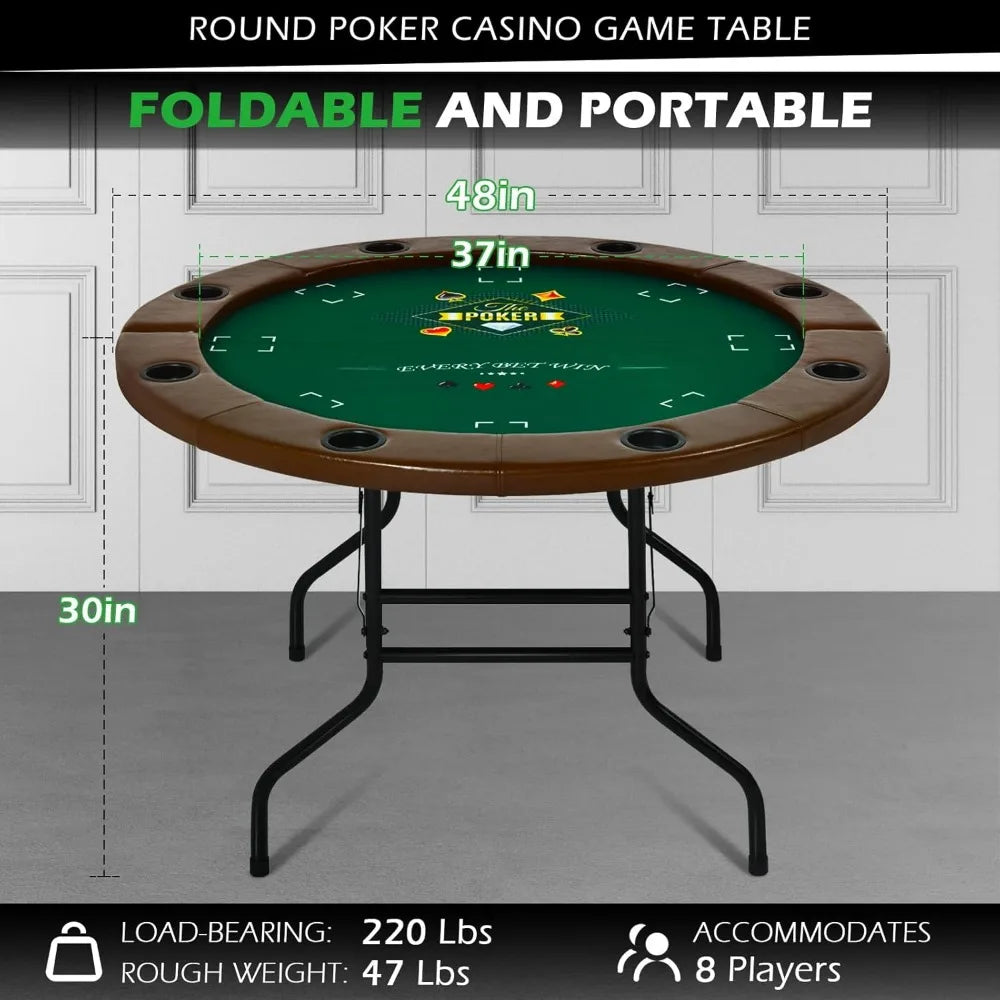 Foldable Round Poker Table for 8 Players with Cup Holders and Padded Rails