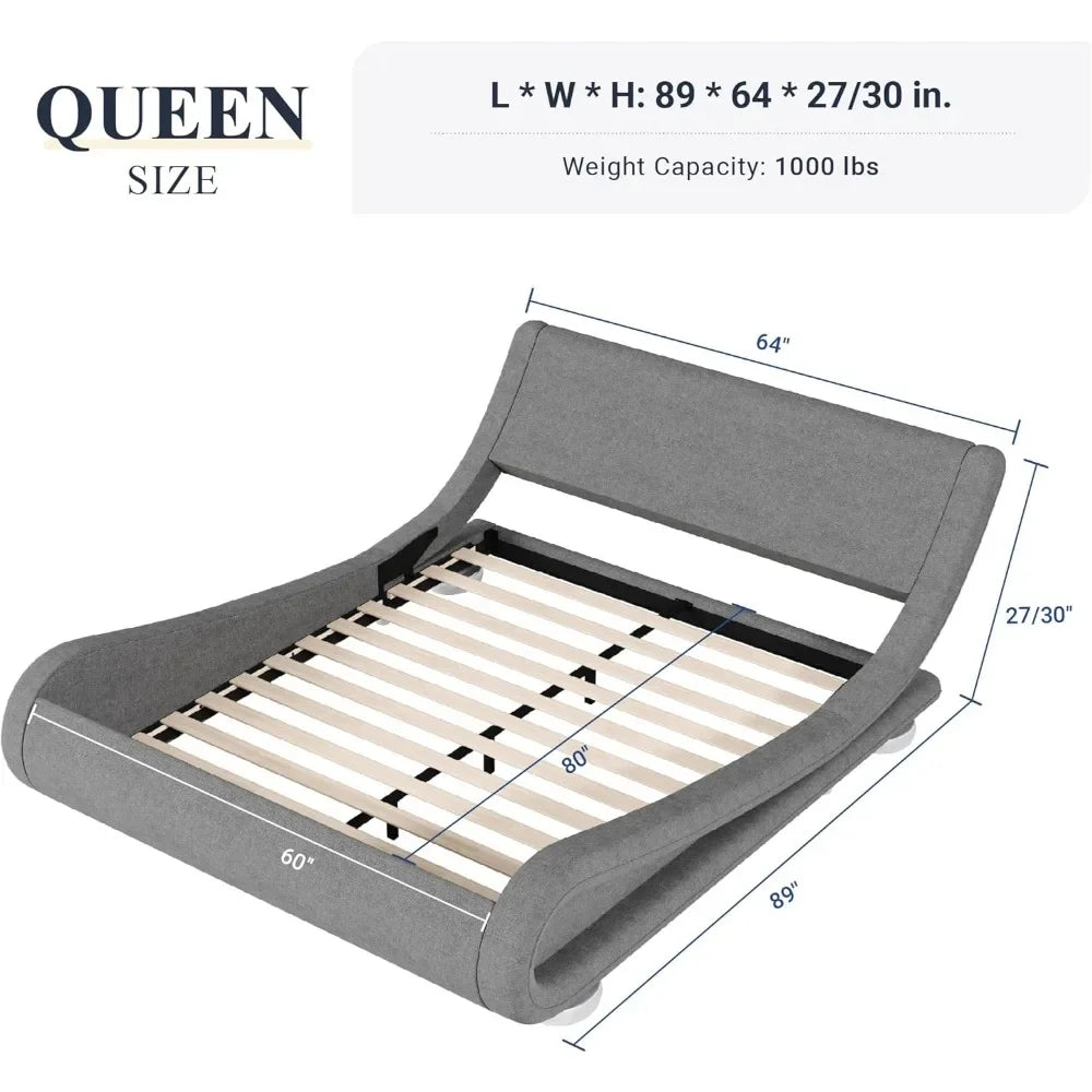 Queen Size Bed Frame Low Profile Modern Upholstered Platform Sleigh