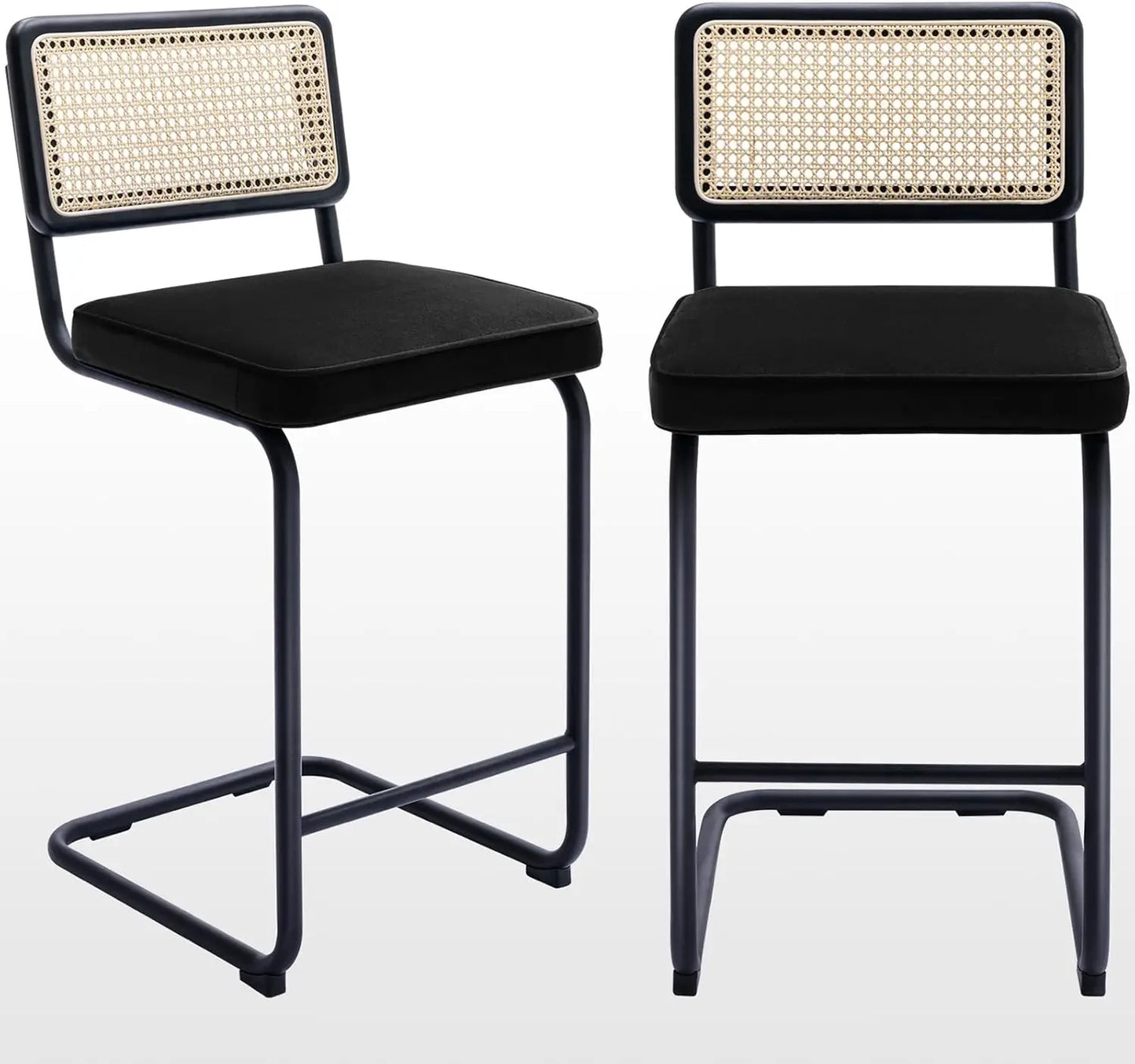 Natural Rattan Bar Stools Set of 2 Modern Boho Velvet Counter Chairs