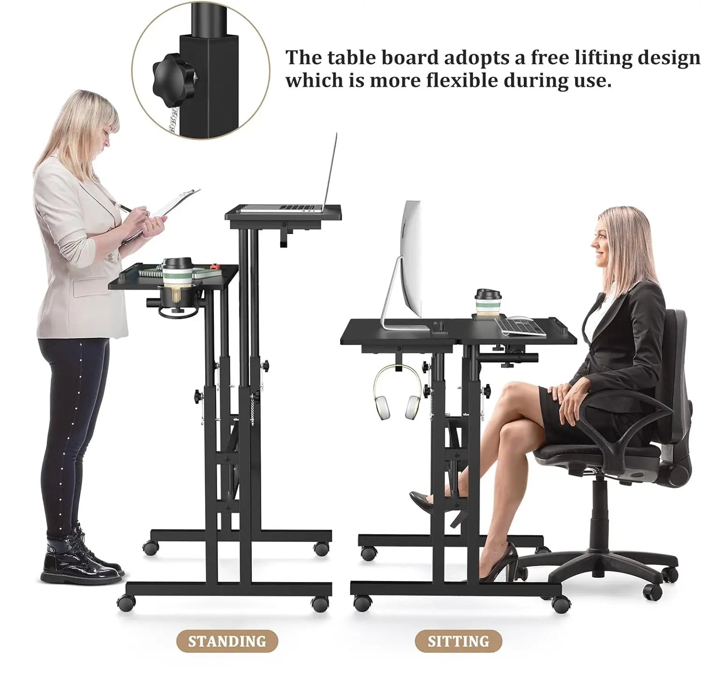 Mobile Standing Desk with Wheels Portable Adjustable Height Office Table